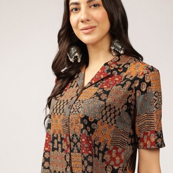 Black & Multi-Coloured Ethnic Print Crop Shirt Top, Cuban Collar, Short Sleeves - Picture 4 of 7